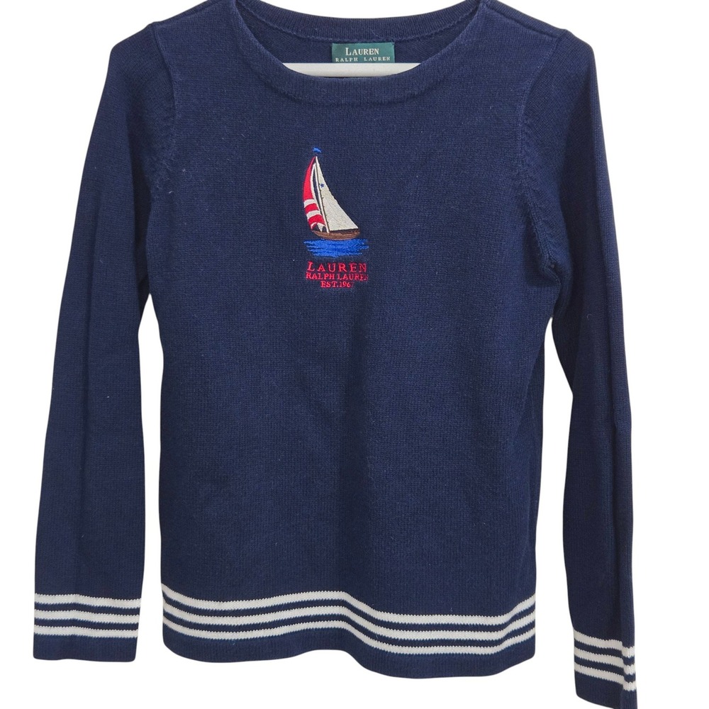 Lauren Ralph Lauren Petite P/P XS Navy Blue Sailboat Embroidered Cotton Sweater